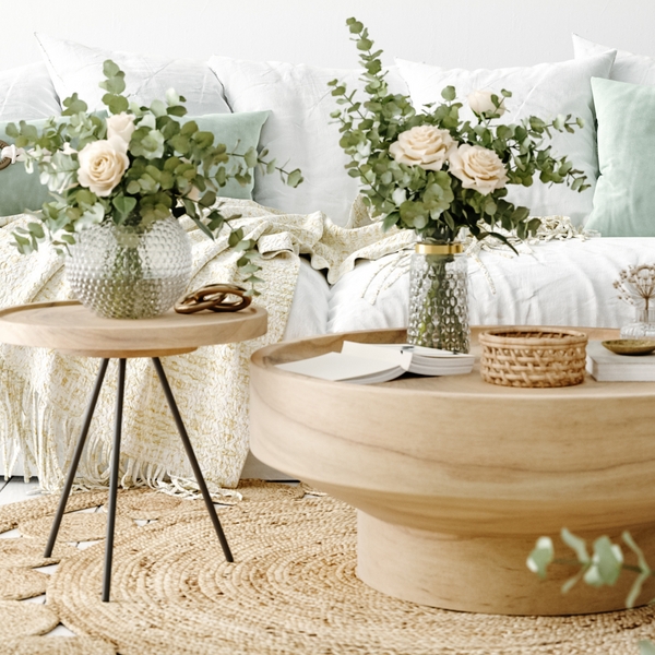 Round Wood Coffee Table with Radial Slatted Drum Base Detail