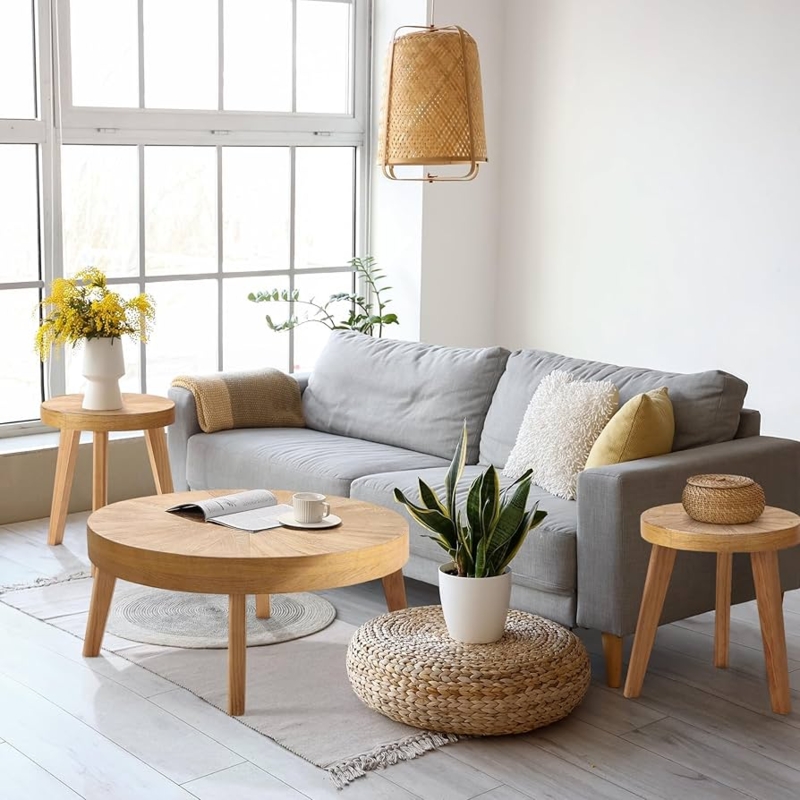 Round Wood Nesting Table Set with Tripod Bases and Natural Finish