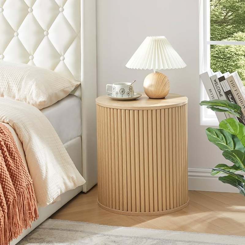 Round Wood Side Table with Fluted Pedestal Base & Storage