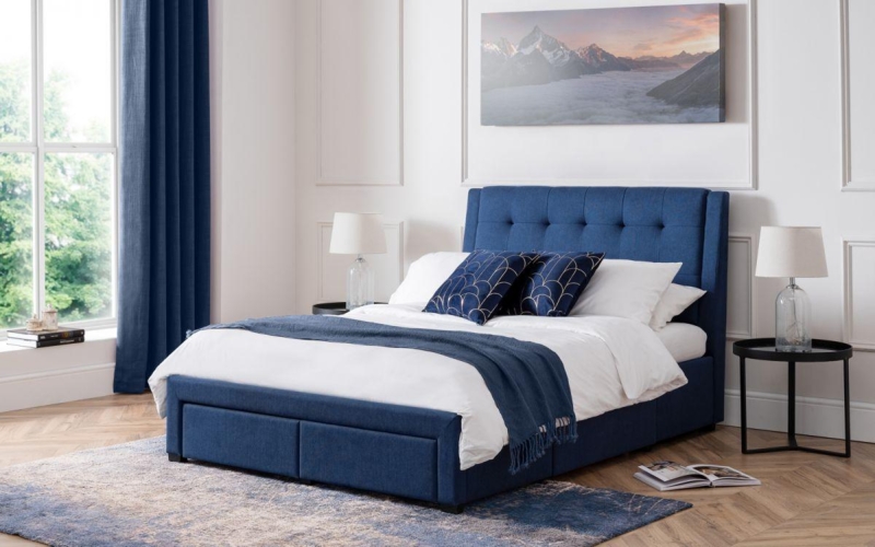 Royal Blue Velvet Wingback Storage Bed with Chrome Trim