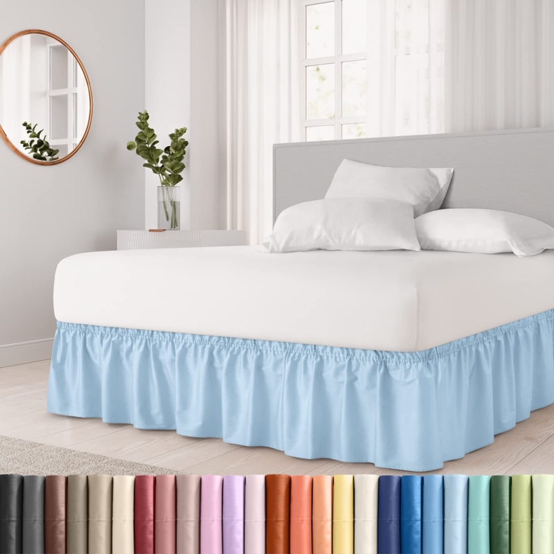 Ruffled Elastic Wrap Around Bedskirt 15 inch Drop - Queen / Light Blue