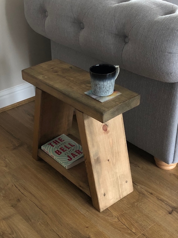 Rustic A-Frame End Table, Chunky Wood Legs, Thick Top, Natural Finish
