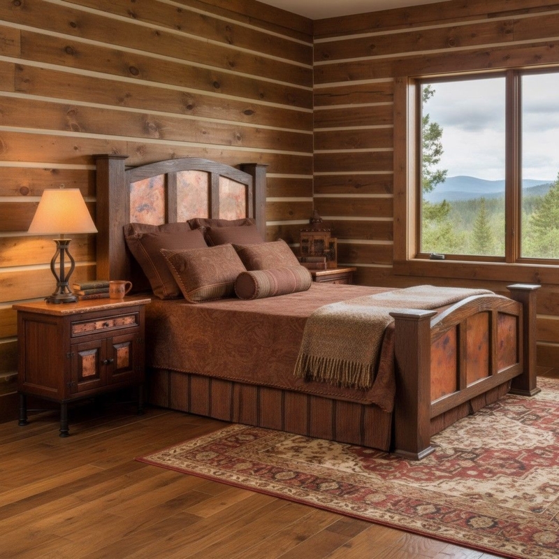Rustic Bed Frame with Hammered Copper Insets & Timber