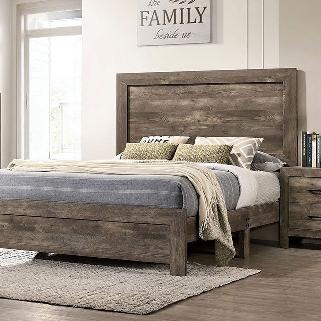 Rustic Bed Frame with Paneled Headboard & Metal Brackets