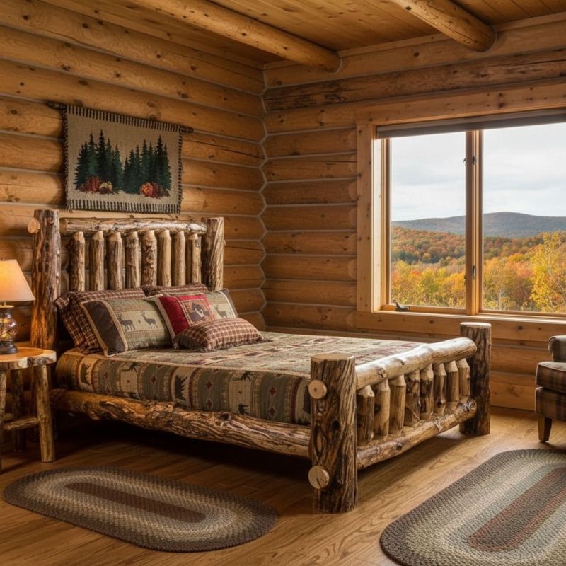 Rustic Bed Low Profile Aspen Log Panel Headboard Stone Accent Wall