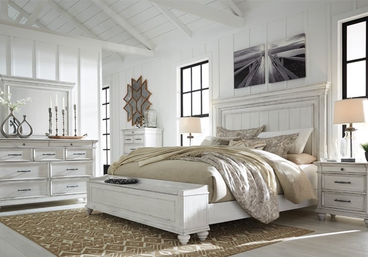 Rustic Bedroom Set Whitewashed Finish Footboard Storage Panel Headboard