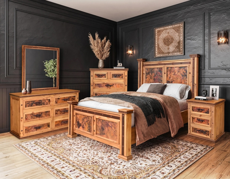 Rustic Bedroom Set with Hammered Copper Panels & Distressed Wood