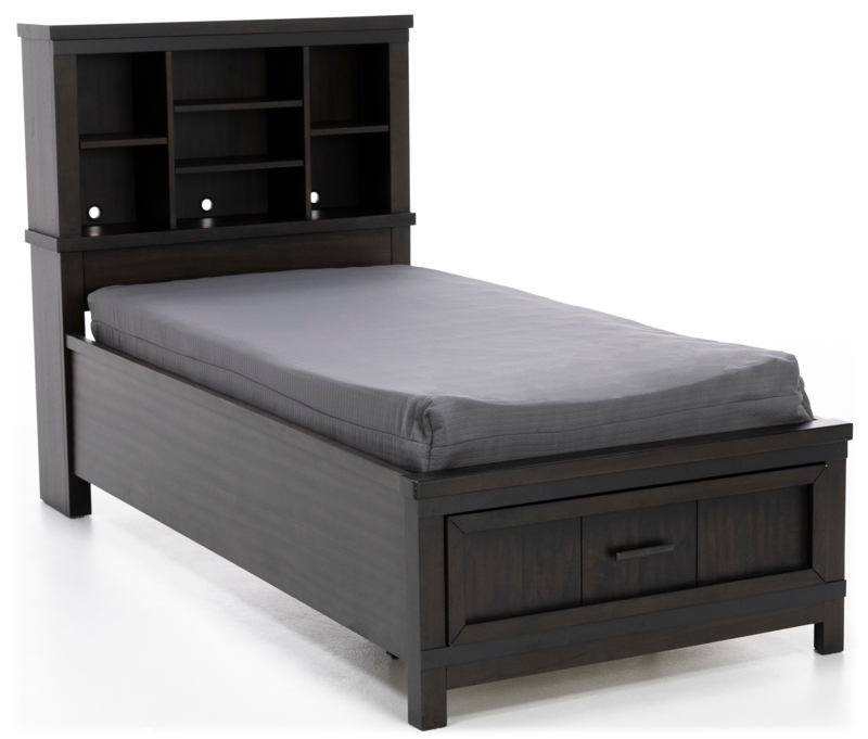 Rustic Bookcase Bed with Distressed Finish and Metal Drawer Pulls