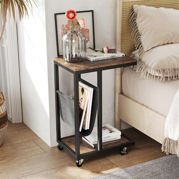 Rustic Brown C-Shaped End Table Set with Side Storage Pockets