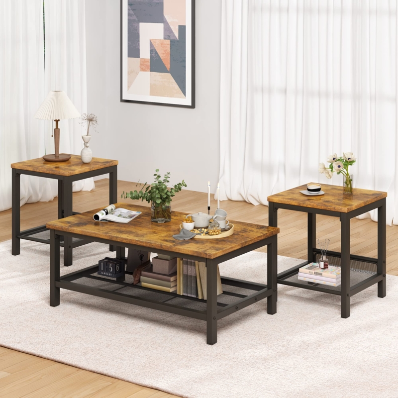 Rustic Brown Coffee Table Set, Black Metal Open Frames
