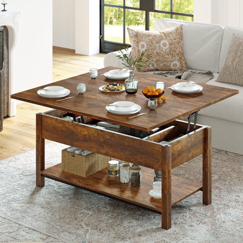 Rustic Brown Coffee Table Storage with Lift Top and Divided Cubbies