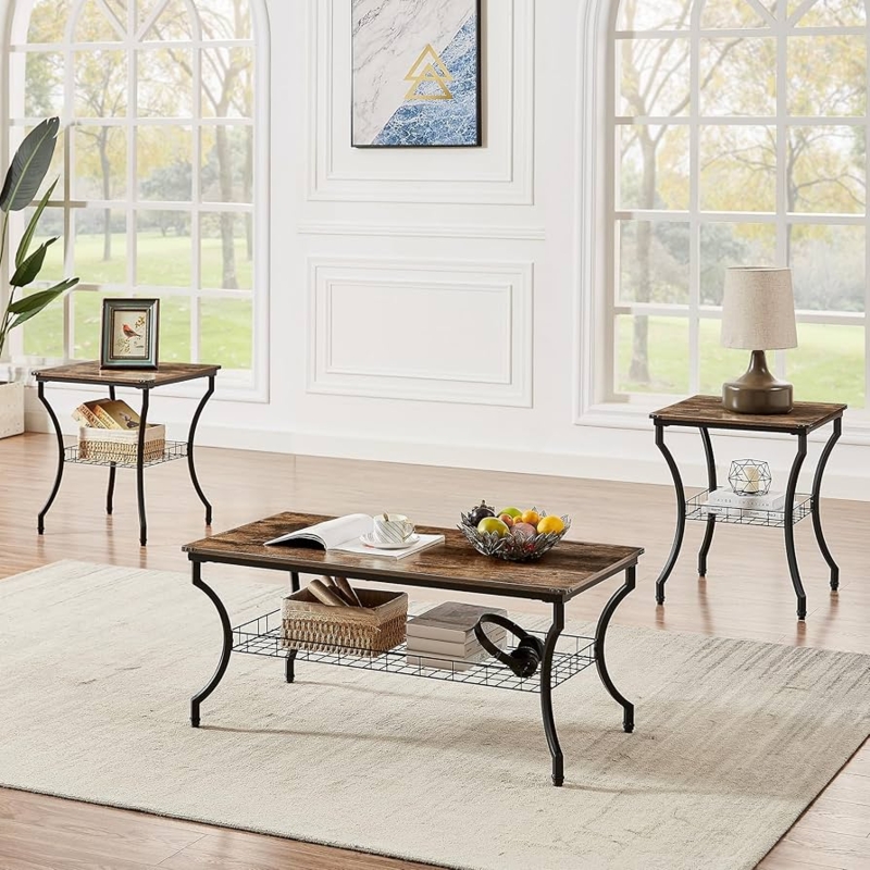 Rustic Brown Living Room Grouping Wood Metal X-Frame Shelf