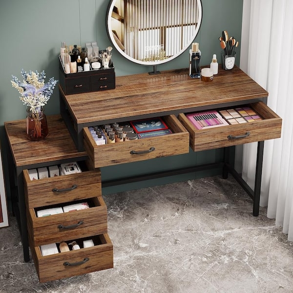 Rustic Brown Makeup Vanity Desk with Black Metal Legs