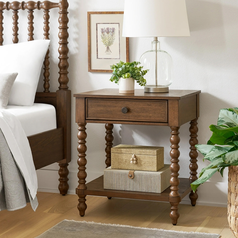 Rustic Brown Nightstand Cup Pulls Open Lower Shelf