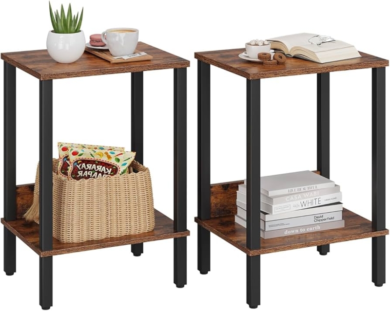Rustic Brown Side Tables Set of 2 with Two-Tier Storage Shelves