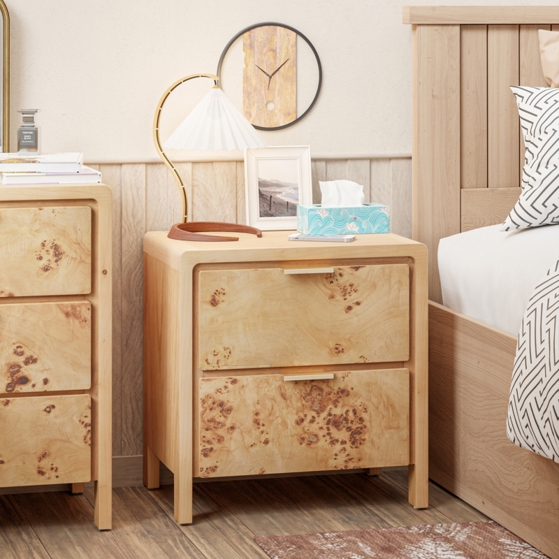 Rustic Burl Grain Nightstand with Three Drawers and Black Ring Pulls