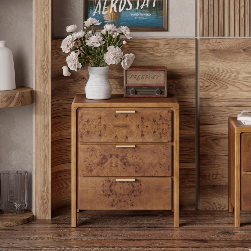 Rustic Burl Wood Nightstand Metal Drop Pulls Warm Honey Finish