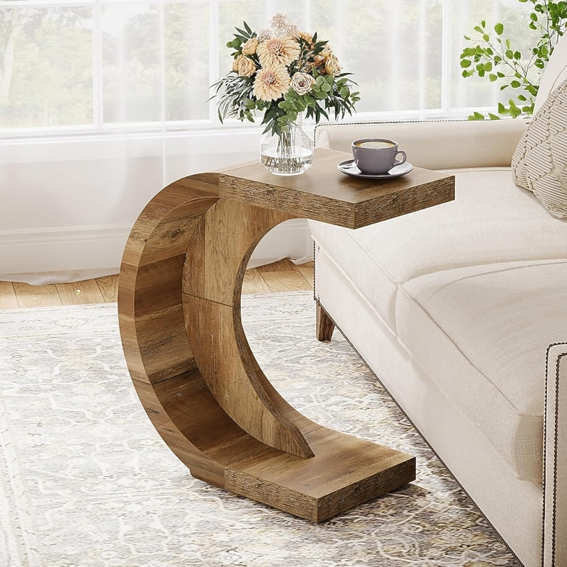 Rustic C-Shaped Side Table with Mesh Shelf and Under-Sofa Base