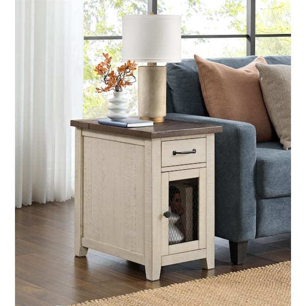Rustic Chairside End Table with Two-Tone Cream and Brown Finish