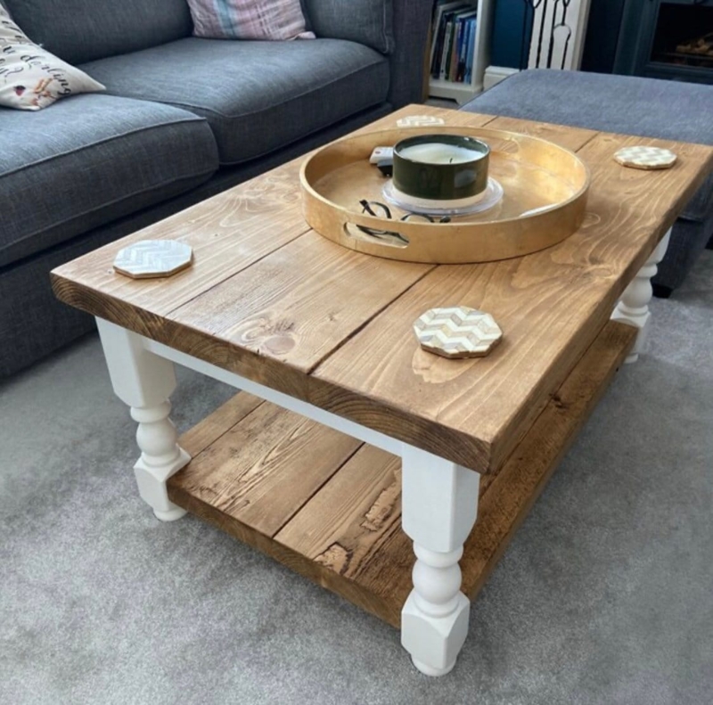 Rustic Coffee Table with Distressed White Base and Dark Wood Top