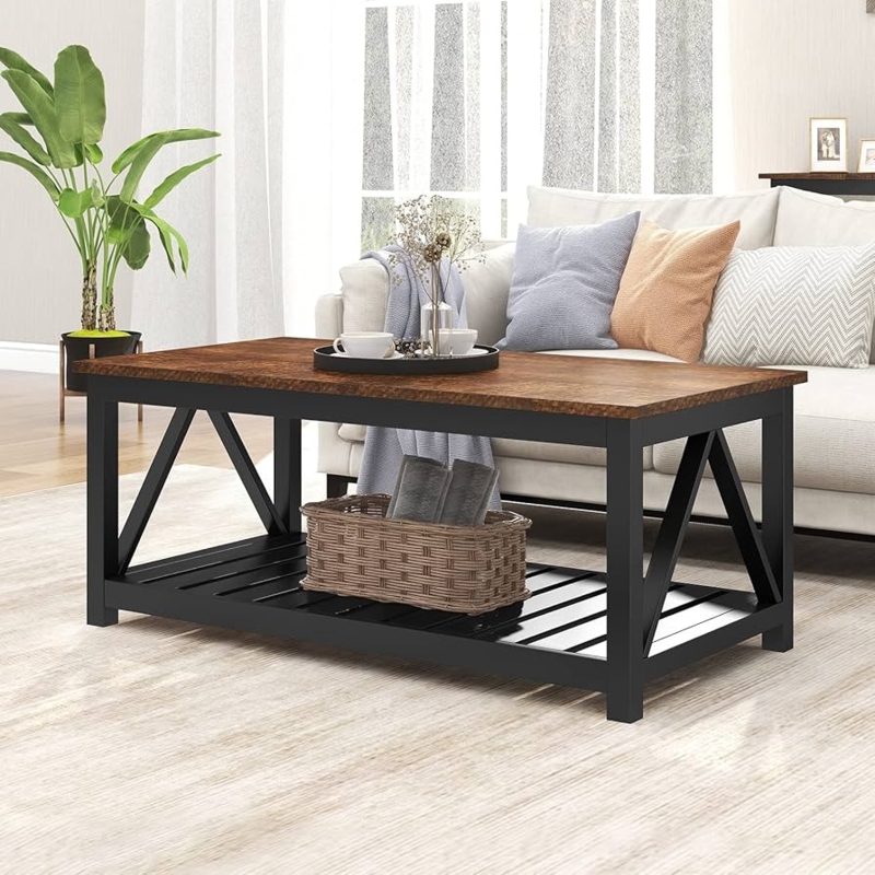 Rustic Coffee Table X Frame Sides Open Shelf Rectangular
