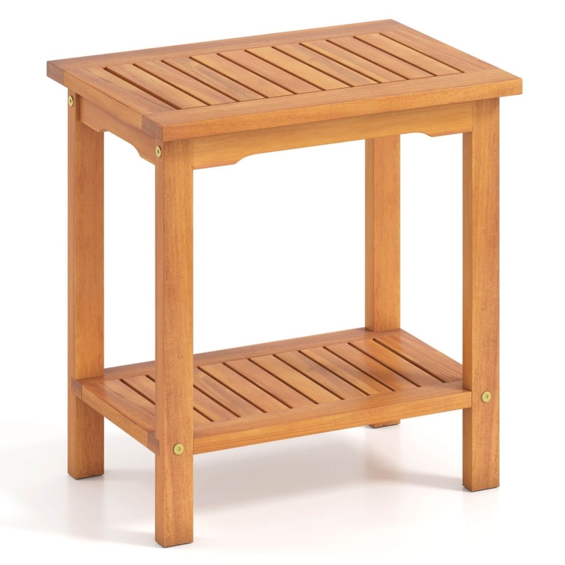 Rustic Contemporary Outdoor Side Table Square Two-Tier Slatted Wood