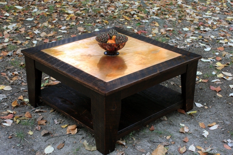 Rustic Copper Top Coffee Table Square Shape Dark Wood Block Legs