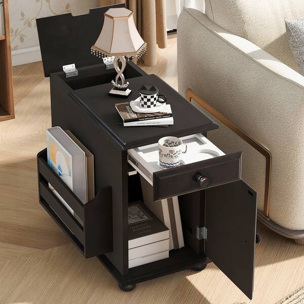 Rustic End Table Flip Top Charging and Drawer with Cup Holders