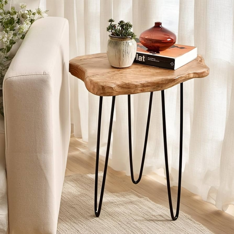 Rustic End Table: Live Edge Cedar Wood Slab Top on Black Hairpin Legs