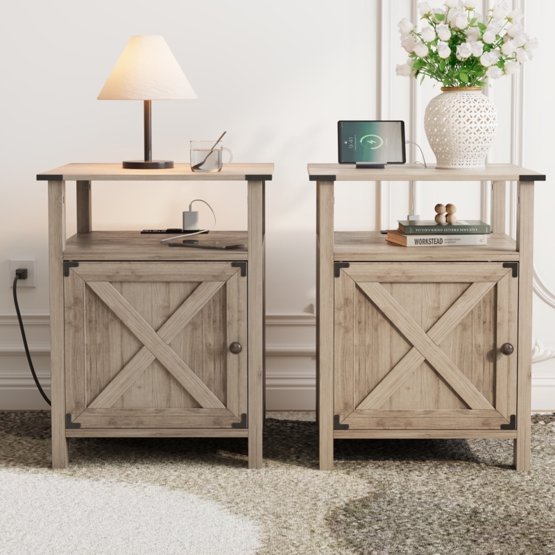 Rustic End Table Set with Drawer, Cabinet, and Charging Station