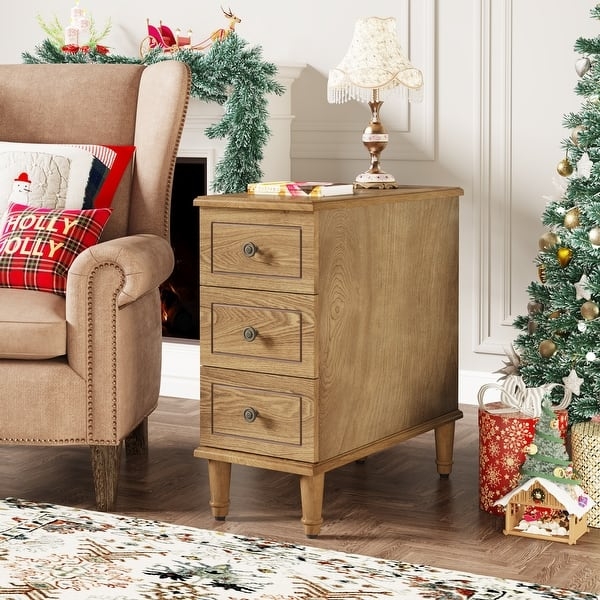 Rustic End Table Vertical Plank Fronts Three Drawers Bottom Shelf