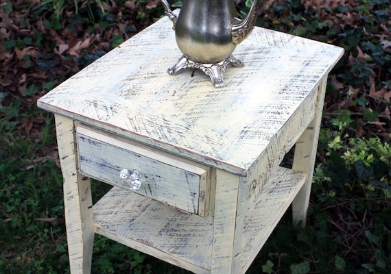 Rustic Farmhouse End Table in Weathered Butter Cream Finish