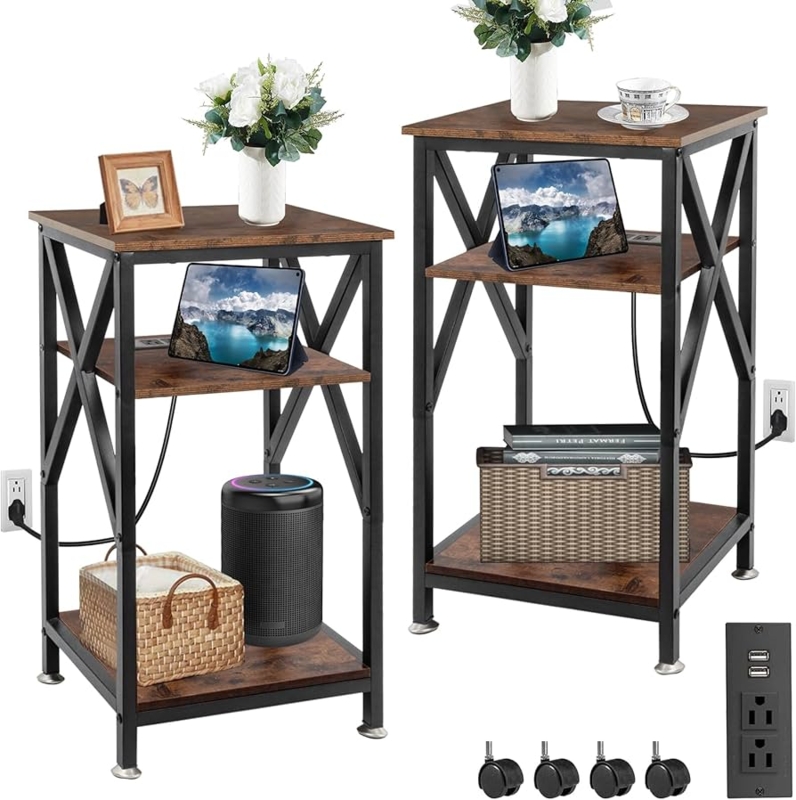 Rustic Farmhouse End Table with X-Brace and Charging