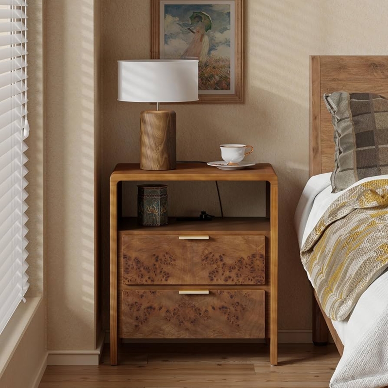 Rustic Farmhouse Nightstand with Burl Wood Finish