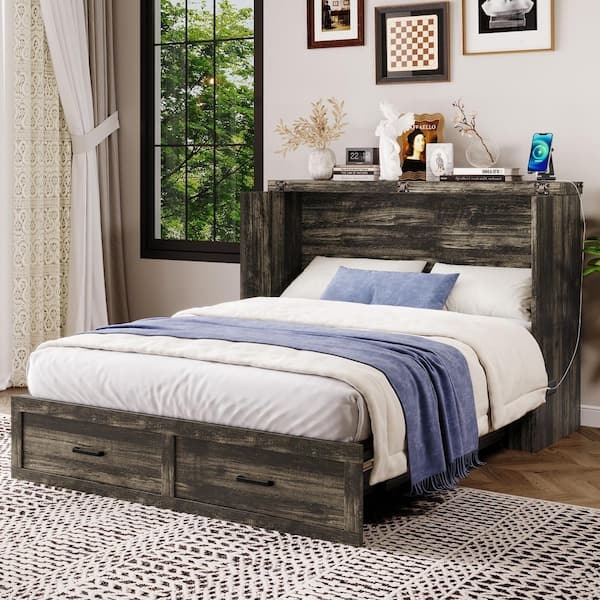Rustic Gray Murphy Bed Cabinet Conversion with Base Drawers