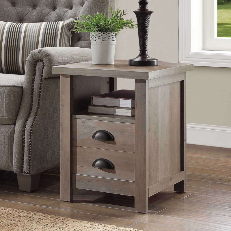 Rustic Gray Square End Table Metal Corners Shelf Farmhouse