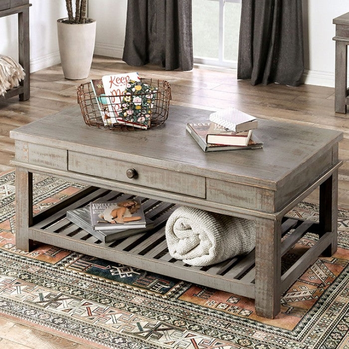 Rustic Grey Coffee Table with Slatted Lower Shelf and Block Legs