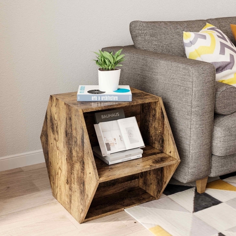 Rustic Hexagonal End Table with Antique Brown Finish and Open Shelf