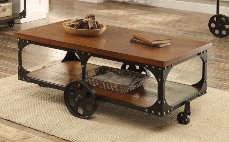 Rustic Industrial Coffee Table Shelf with Locking Casters & Wood Top