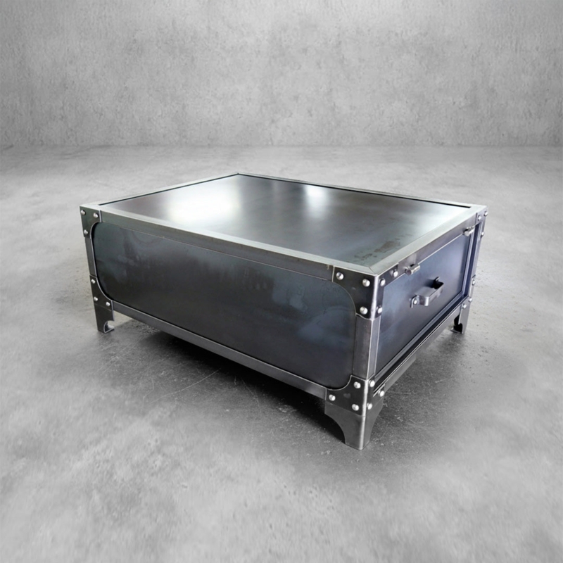 Rustic Industrial Coffee Table with Oversized Casters and Thick Top
