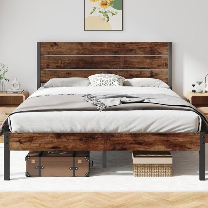 Rustic Industrial Platform Bed Frame with Wood Panels