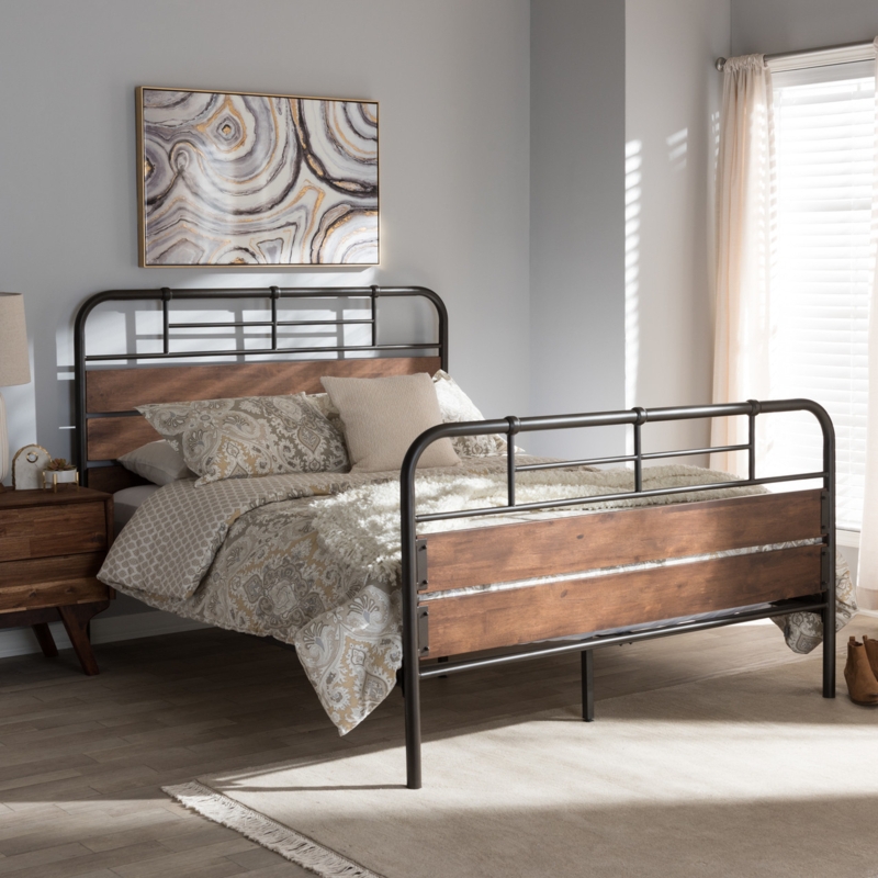 Rustic Industrial Platform Bed with Slat Headboard, Metal & Wood