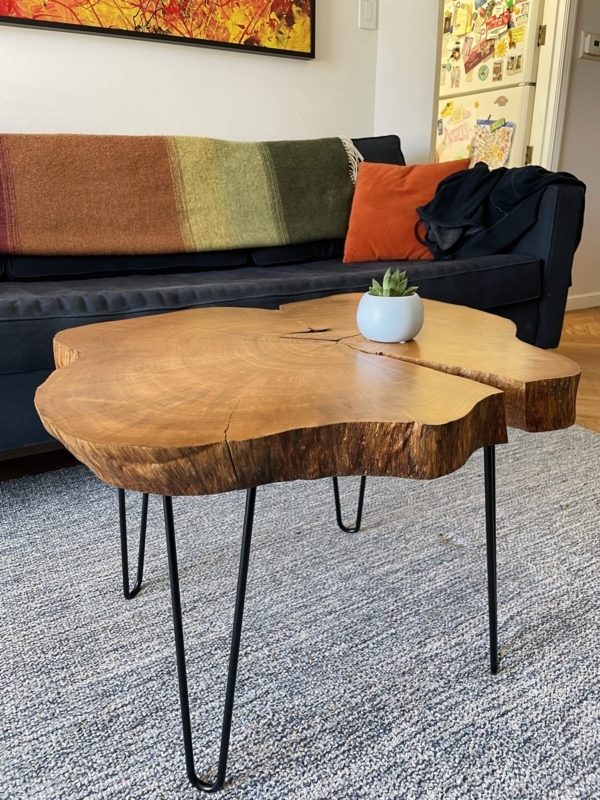 Rustic Live Edge Coffee Table Birch Slab Top Metal Hairpin Legs