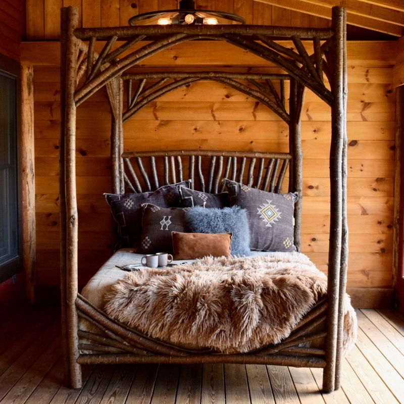 Rustic Log Canopy Bed Frame with Natural Rough Hewn Texture