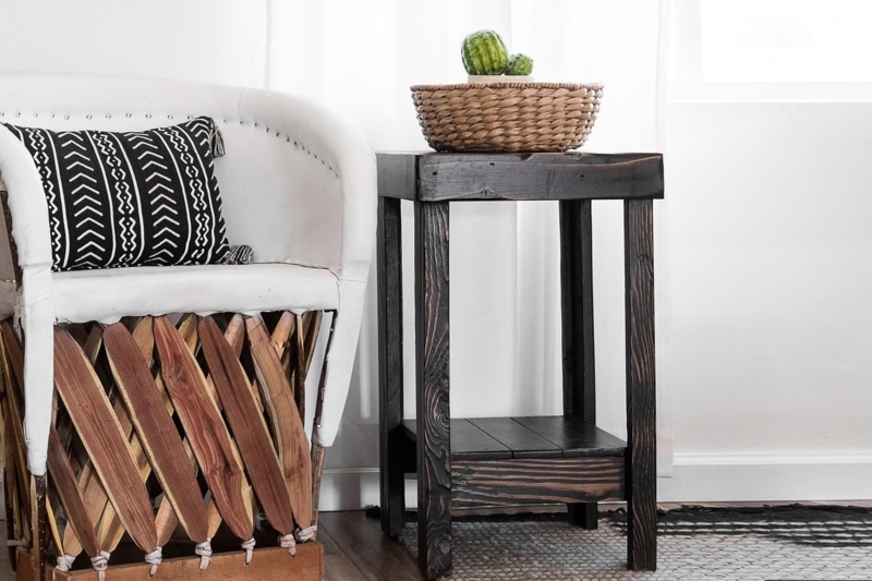 Rustic Modern Side Table with Chunky Block Legs and Lower Shelf