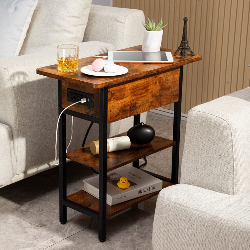Rustic Narrow End Table Flip Top Charging with Tiered Shelves