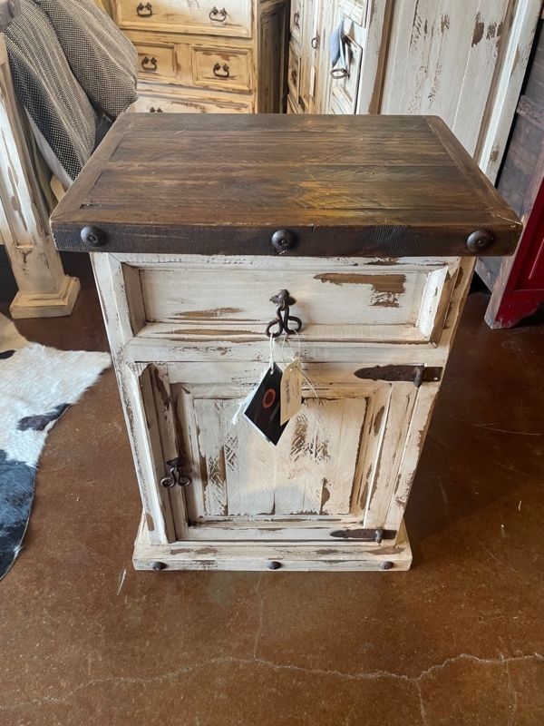 Rustic Nightstand Distressed Cream Chunky Bedside Storage Cabinet