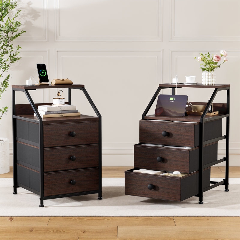 Rustic Nightstand Set with Three Drawers and Open Shelving