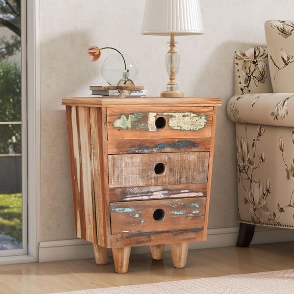 Rustic Nightstand Teal Distressed Paint Three-Drawer Accent Chest