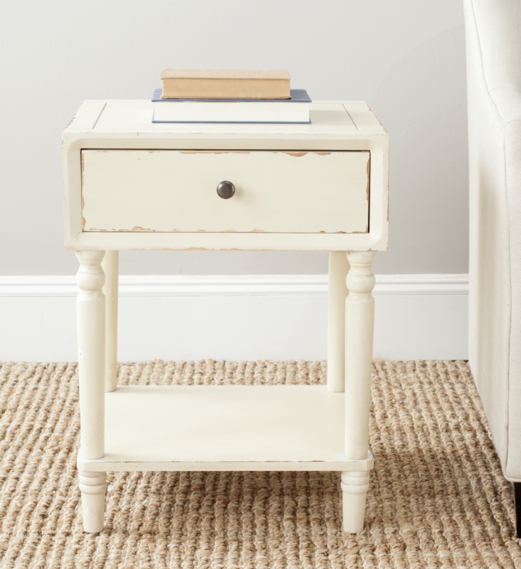Rustic Nightstand with Woven Basket and Contrasting Top